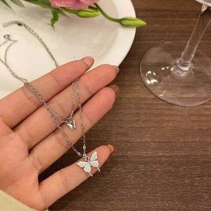 Double Layer Butterfly Necklace, Sparkling Diamond, Spring and Summer New Trendy Neck Chain, Women's Insets, Korean Versatile, Cool Style Collarbone Chain