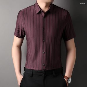 Men's T Shirts Pinstriped Social Gentleman Office Dress Man Business Work Mens Clothing Large Sizes Burgundy Claret Red Elastic Slim Fit