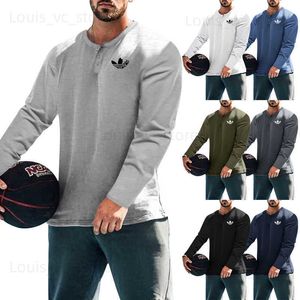 Herren-T-Shirts 2023 Neues Herren-Schwergewicht Retro harter Kerl Henley Long Sleeve Round Neck T-Shirt Gedrucktes Gelegenheitssport Top T230831