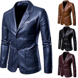 Retro düz renkli erkek deri takım elbise blazer ceket erkekler rahat iş düğün uzun kollu ceket213g