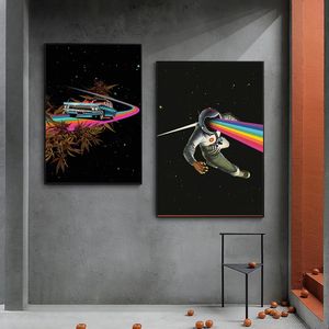 Canvas Painting Rainbow Starry Sky Driving A Car Creativity Roam Astronaut Posters Wall Art Prints for Living Room Boys Bedroom Decor Picture Gift No Frame Wo6