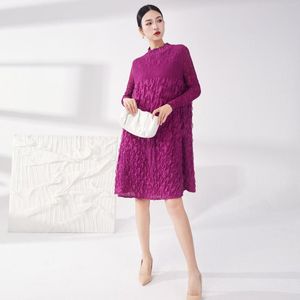 Casual Dresses Women's Long Sleeved Dress 2023 Half Turtleneck Fashion Miyake Pleated Loose Stretch A-Line Elegant Knee Length