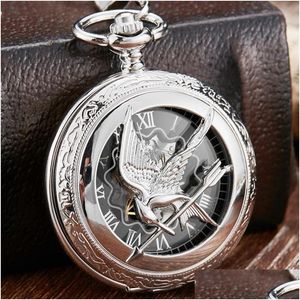 Pocket Watches Retro Vintage Hollow The Hunger Games Mockingjay Mockingbird Quartz Watch Necklace Chain Fashion Sier Relo De Bolso Dro Dhf7R