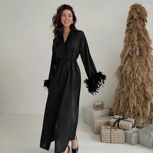 Mulheres sleepwear preto penas robes para mulheres sexy manga longa faixas soltas malha retalhos roupão feminino 2023 verão casual