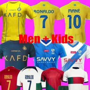 Al Nassr Kit FC Soccer Jerseys Ronaldo 2023 2024 Hem Away 23 24 Al Hilal Neymar Jr Men Kids Set Por Football Shirt Al-Nass Rocer Shirts