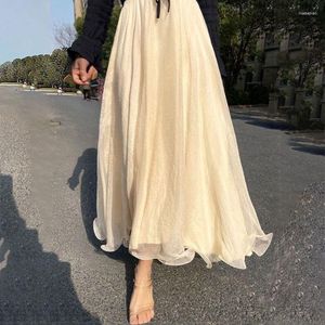 Skirts Beige White Mesh Chiffon Casual Long Skirt High Waist Party Shiny Rufflesw Elegant Women