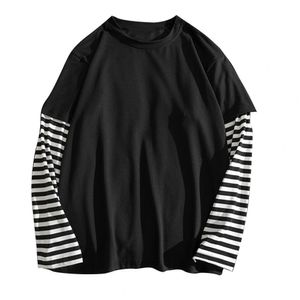 Mäns T-shirts Student T-shirts Fake Two Piece Set randig långärmad O Neck Simple Casual Spring Top Tee Shirts For Men School 230830