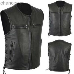 Colete de couro masculino para motocicleta, cor sólida, bolso grande, sem mangas, jaqueta vintage casual, plus size S-5XL lst230831