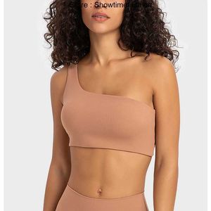 Abiti da yoga in tinta unita LU-39 Reggiseno fitness da donna a coste Cinturino ritagliato su una spalla Canotta sportiva Canotta da palestra Intimo senza cuciture Allenamento pettorale W4PA