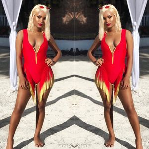 Dames Jumpsuits Rompertjes BKLD Mouwloos tanktop bodysuit Zomer Romper Sexy Feest Clubwear Rits Diepe V-hals Dames Kwastje Rood 230830