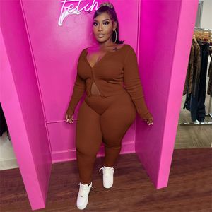 Women's Two Piece Pant Ribbed Two Piece Set V Neck Zipper Bodycon Top and Pants Long Sleeve Ladies Plus Size Sexy Outfits Wholesale Drop 230831