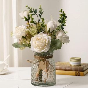 Dekoratif Çiçekler Masa Dekor Pastoral Stil Çiçek Sahne Düzeni Props Beyaz Gül Çiçeği Dekorasyon Yatak Odası Odası Sahte İpek Ev