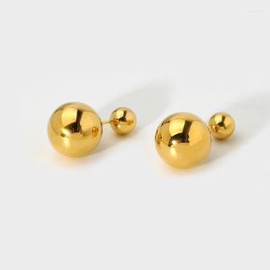 Pendientes de tuerca de acero inoxidable chapado en oro de 16 quilates, cuentas de Metal de doble cara, pendiente trasero delantero, joyería para mujer