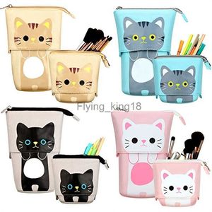 Pencil Bags MOHAMM 1pc Canvas Standing Pencil Holder Cartoon Cute Cat Telescopic Pouch Bag Pen Case Box with Zipper Closure Stationery HKD230831