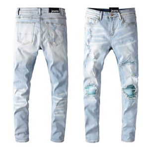 645 fashion brand light color hole patch Men's youth stretch slim street jeans