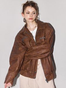 Kvinnorjackor Spring och Autumn American Retro Brown Pu Leather Jacket Pock Biker Wind Kvinnlig fashionabla mångsidiga toppkläder