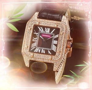 Luxury Square Roman Tank Dial Watches Women Men Diamonds Ring Case Clock äkta läder kvarts batteri Super Business Automatisk datum Arvur Dag gåvor