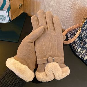 Suede gloves Autumn and winter new specially designed for women with velvet thickened warm five-finger gloves cold trend gloves