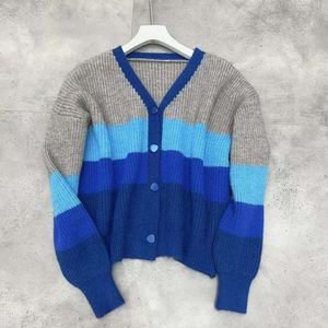 Çizgili Renk Eşleşmesi V Boyun Kadın Sweaters Hırka Kısa Ceket Kadınlar için Sonbahar Nazik Retro Tembel Rüzgar Yumuşak