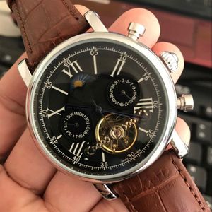 Kvalitet Luxury Watch Top Brand Tourbillon Mechanical Automatic Arm Wristwatches Brown Leather Moon Phase Casual Military Sport Watches180p