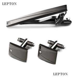 Manschettlänkar Lepton Classic Business Square Black Brush Mens Cufflinks Tie Clips Set High Quality Slips Pin Bars Clip CLASP Drop Ship Dh7up