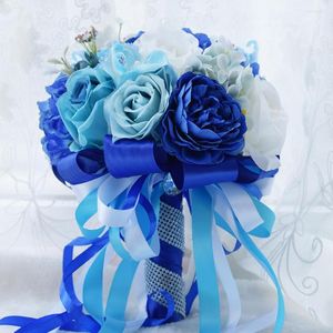 Dekoracyjne kwiaty ręcznie robione 24 -cm niebieskie białe mieszane Blossom Rose Rose Wstążki sztuczny kwiat bukiet ślub