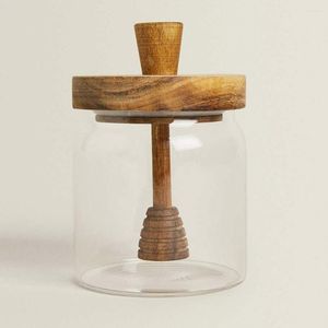 Set di stoviglie Vaso di vetro Coperchio Dispenser di miele Barattoli di sciroppo Mestolo rotondo Vaso in legno Piccolo contenitore da cucina
