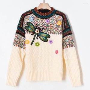 Women's Sweaters 2023 Autumn Winter Harajuku Women Embroidered Dragonfly Bead Flowers Knitted Pullovers Female Thick Jumper