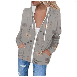 Kadın Ceketleri 2023 Sonbahar Hoodie Kadınlar İçin Şık Floral Baskılı Top Sıradan Uzun Kollu fermuar Sweatshirts Ceket Cep