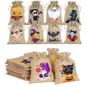 Halloween Burlap Gift Bags Jute Linen Burlap Treat Candy Goodies Drawstring Bags for Halloween Favors Supplies Can Customized Logo