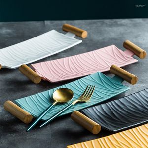 Plattor värmeproof haft keramisk sushi restaurang bordsartiklar 1 st rektangulärt dubbelhandtag tallrik västerländsk stekfack