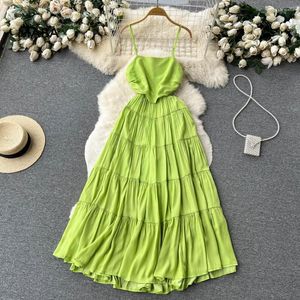 Casual Dresses Summer Women Beach Bohemian Green Spaghetti Strap Dress Female Off Shoulder High Waist Elegant Designer Open Back Sundress