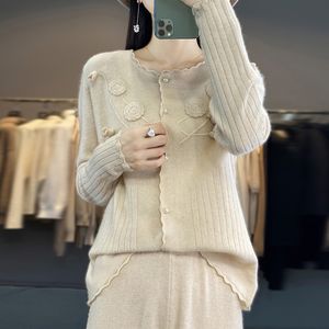 Kvinnors tröjor Evrg 100 Merino Woolen Woman's China Style Coats Female Cardigan Long Sleeve Oneck Jacket Sticked Topps Jumper JN23 230831