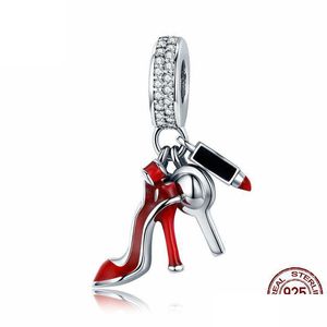 Silver 100% 925 Sterling Sier Women Red High Heels Shoes Mirror Makeup Pendant Charm Cz Spacer Beads Fit Bracelet Diy Jewelry Gift Dro Dhfy9