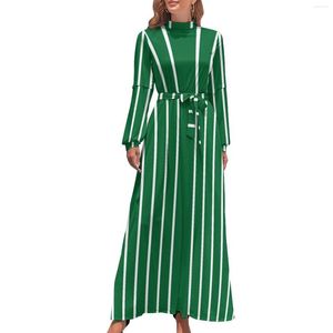 Casual Dresses Green And White Striped Dress Vertical Lines Print Street Wear Beach Women Long-Sleeve High Neck Sexy Long Maxi