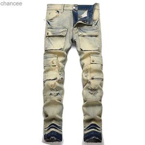 Men Pockets Cargo Jeans Holes Ripped Distressed Fringe Stretch Denim Pants Slim Straight Trousers Vintage Blue LST230831