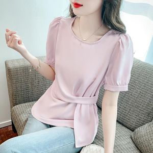 Women's Blouses 2023 Round Neck Women Satin Shirt Bubble Sleeve Sweet Summer Blouse Korean Fashion Office Lady Top