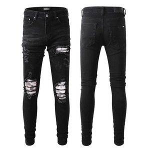 849 fashion brand black hole personalized patch stretch slim high-street jeans