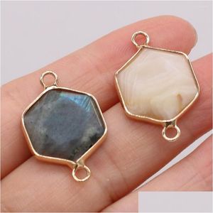 Charms Natural Semi-Precious Stone Hexagon Connector Pendant Yellow Agate Flash Labradorite 16X40Mm For Jewelry Making Necklaces Gift Dho1G