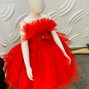 Mädchenkleider Niedliches rotes A-Linie-Tüllkleid für Mädchen mit gekräuseltem Mesh-Geburtstagsfeier-Kinderkleid mit Schleife im südafrikanischen Stil