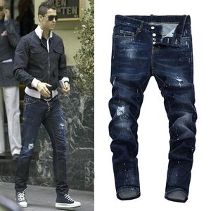 Men Blue Bleach Jeans Tidy Biker Denim Jeans Paint Spot Damage Slim Fit Distressed289Z