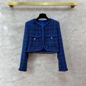 2023 outono azul xadrez impressão painéis tweed jaqueta manga longa em torno do pescoço bolsos duplos jaquetas clássicas casaco curto outwear q3q131215