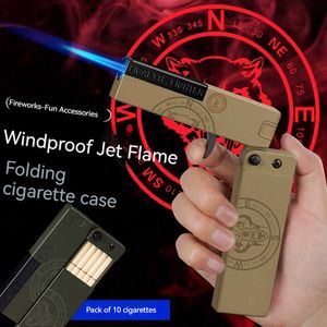 NEW Folding Cigarette Case Pistol Lighter No Gas Refill Windproof Torch Jet 10PCS Pack Smoking Accessories Toys GSPI