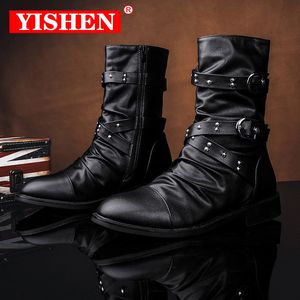 Boots YISHEN Mens Retro Studded Rivet Buckle Zipper Western Motorcycle Combat Boot Heavy Metal Punk Rock Black Botas De Moto 230831