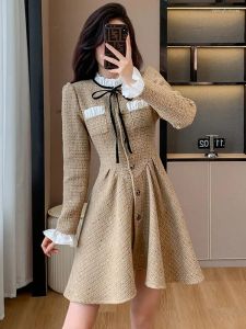 Casual Dresses High-End Luxury Small Fragrance Tweed Lace Patchwork For Women Elegant Party Bow Tie Dress Vestido Robe