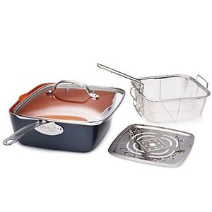 -6 쿼트 XL Nonstick 구리 깊은 사각형 6 개 QT 캐서롤 요리사 S Pan Stock-4 피스 세트, 프라이 바스켓 및 기선 포함