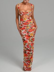 Vestido de duas peças Mozision feminino Party Set Top sem alças e saia feminina impressão roched sexy de alta qualidade moda 230830
