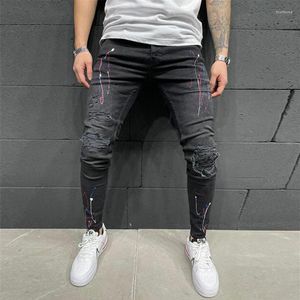 Jeans masculinos homens moda pintura impressão rasgado magro retalhos slim fit biker lápis calças hip hop masculino casual denim trouses227j