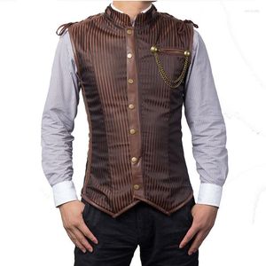 Men's Body Shapers Brown Stripe Medieval Steed Boned Corset Waist Trainer Vest For Men Steampunk Jacket Gothic Clothing Plus Size Vintage