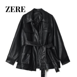 Womens Leather Faux Arrival Fashion Personality Midlength Retro Jacket Belt Motorcycle Suit Punk Street Rock Pilot 230831